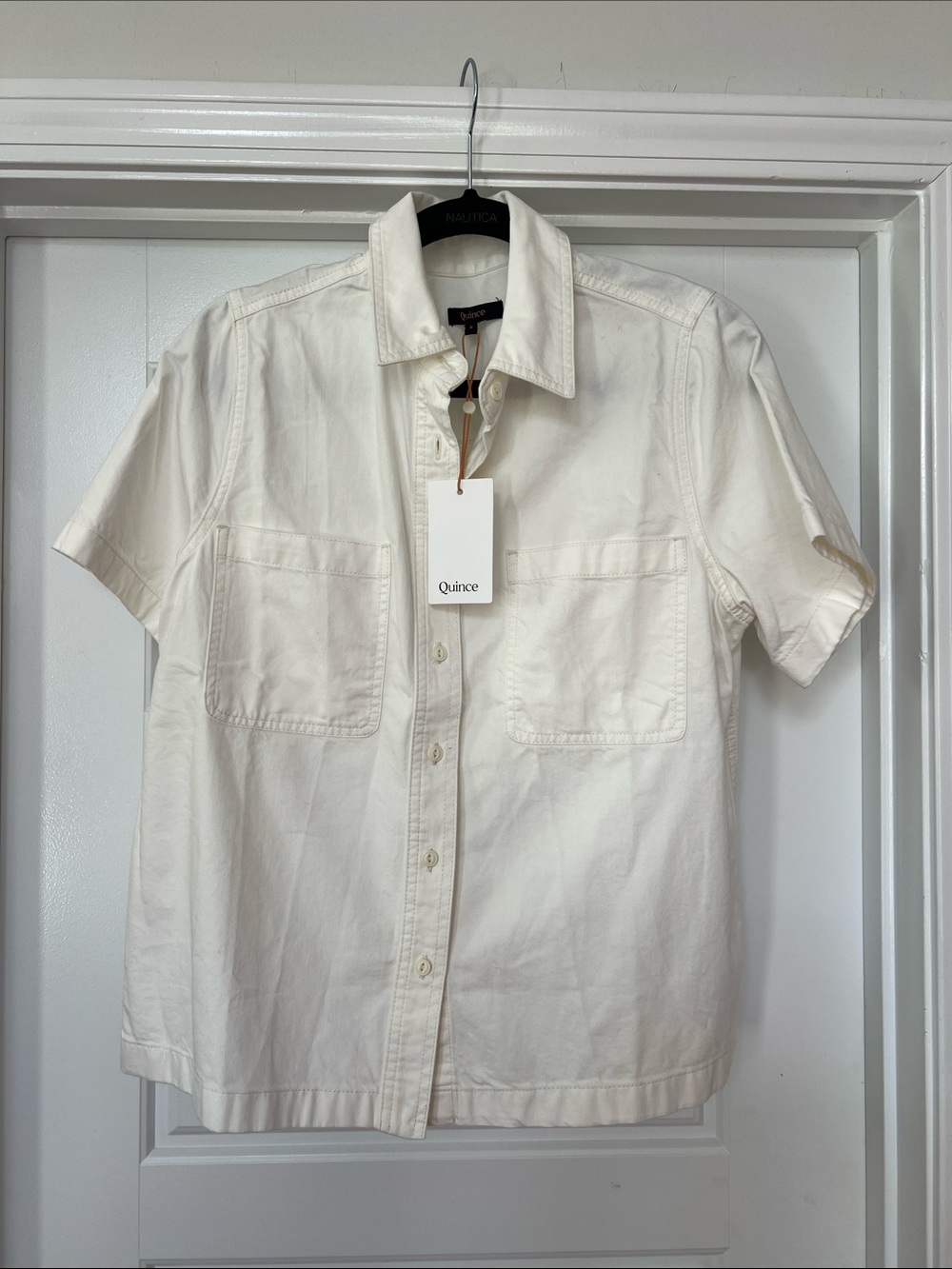 NWT Quince White Cotton Denim Short Sleeve Button Up Utility Shirt Cuffed Boxy
